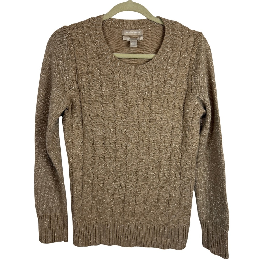 Banana Republic Italian Fabric Wool Cashmere Cable Knit Metallic Sweater Gold M